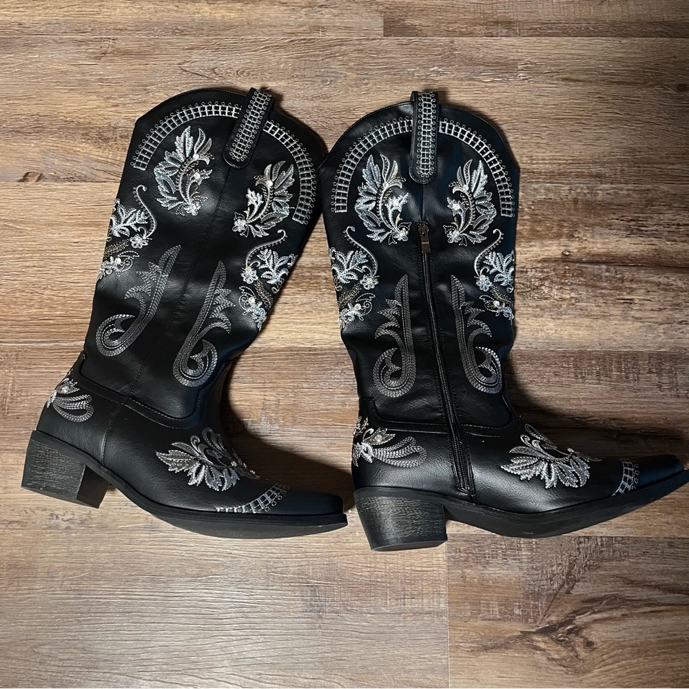 Tall embroidered and bedazzled cowboy boots
